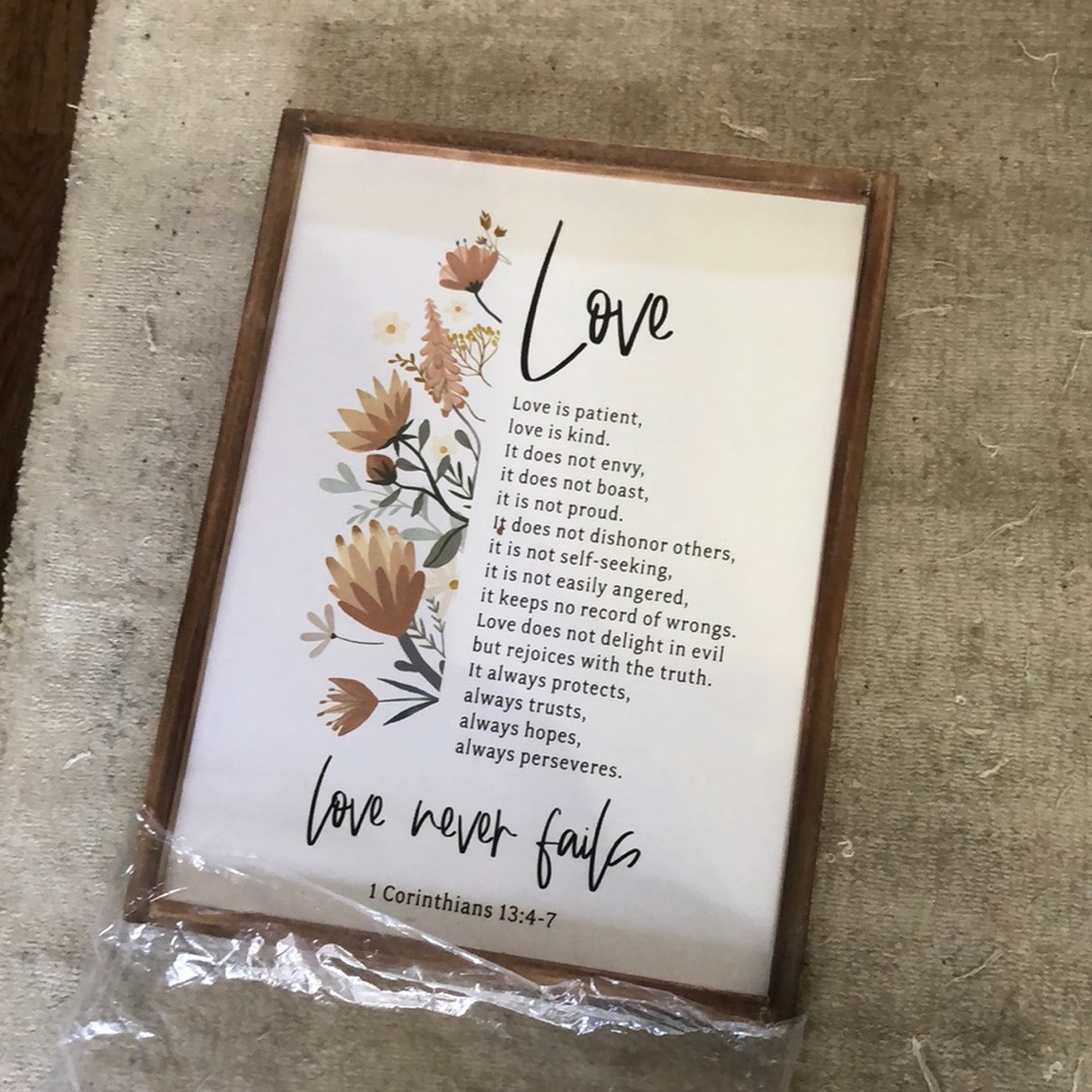 “Love never fails” artwork with wood frame ~12.25” x 16.25”